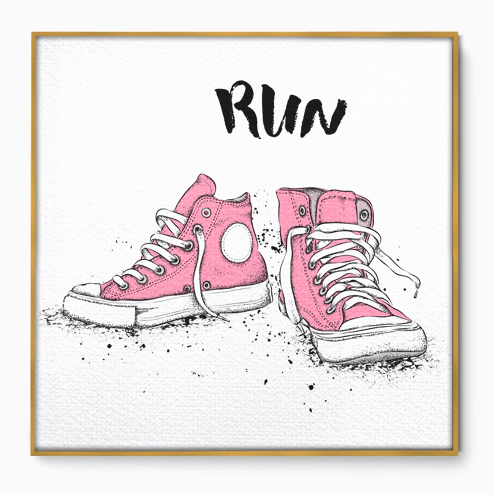 Tablou canvas cu illustratie cu adidasi roz si mesaj, in rama de aluminiu auriu